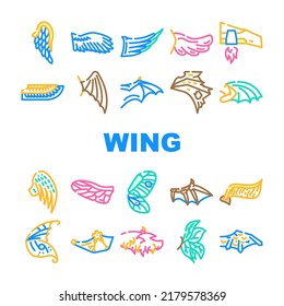 Wing Fly Animal, Bird And Insect Icons Set Vector. Butterfly And Cupid, Angel And Elf, Dragon And Gargoyle Or Vampire Wing. Flying Iron And Techno Accessory For Flying Color Illustrations