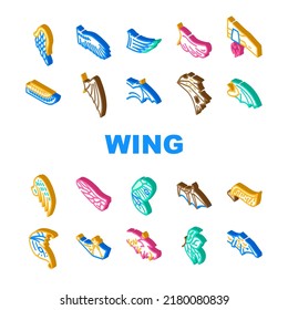 Wing Fly Animal, Bird And Insect Icons Set Vector. Butterfly And Cupid, Angel And Elf, Dragon And Gargoyle Or Vampire Wing. Flying Iron Techno Accessory For Flying Isometric Sign Color Illustrations