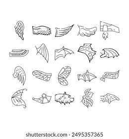 Wing Fly Animal, Bird And Insect Icons Set Vector. Butterfly And Cupid, Angel And Elf, Dragon And Gargoyle Or Vampire Wing. Flying Iron And Techno Accessory For Flying Black Contour Illustrations