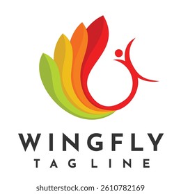 Wing fly logo. Swan Feather design concept dancing with human illustration