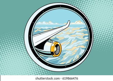 The wing of a flying passenger plane. Pop art retro vector illustration