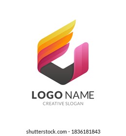 logotipo de hexágono de alas, ala y hexágono, logotipo combinado con un estilo de color 3d
