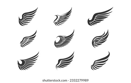 Wing icon. Angel signs. Bird symbol. Eagle emblem symbols. Feather, dove, freedom icons. Black color. Vector isolated sign.
