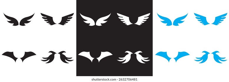 Wing icon .Bird, angel, bat, eagle, and minimalist wing icons for branding, tattoos, logo, emblems, or fantasy design .  Vector illustration. isolated on white and black background. EPS 10