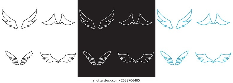 Wing icon .Bird, angel, bat, eagle, and minimalist wing icons for branding, tattoos, logo, emblems, or fantasy design .  Vector illustration. isolated on white and black background. EPS 10