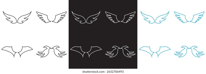 Wing icon .Bird, angel, bat, eagle, and minimalist wing icons for branding, tattoos, logo, emblems, or fantasy design .  Vector illustration. isolated on white and black background. EPS 10