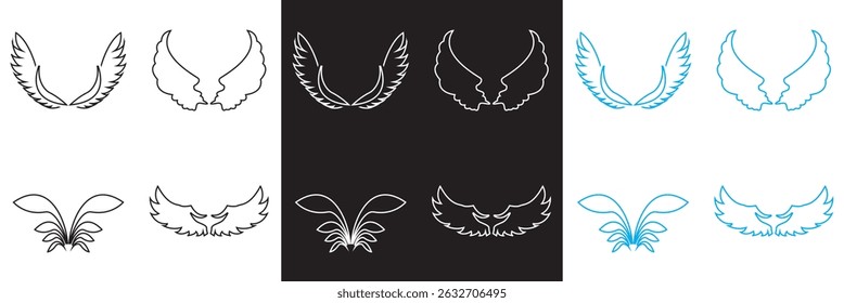 Wing icon .Bird, angel, bat, eagle, and minimalist wing icons for branding, tattoos, logo, emblems, or fantasy design .  Vector illustration. isolated on white and black background. EPS 10