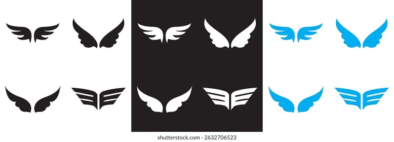Wing icon .Bird, angel, bat, eagle, and minimalist wing icons for branding, tattoos, logo, emblems, or fantasy design .  Vector illustration. isolated on white and black background. EPS 10