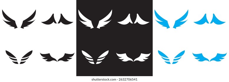 Wing icon .Bird, angel, bat, eagle, and minimalist wing icons for branding, tattoos, logo, emblems, or fantasy design .  Vector illustration. isolated on white and black background. EPS 10