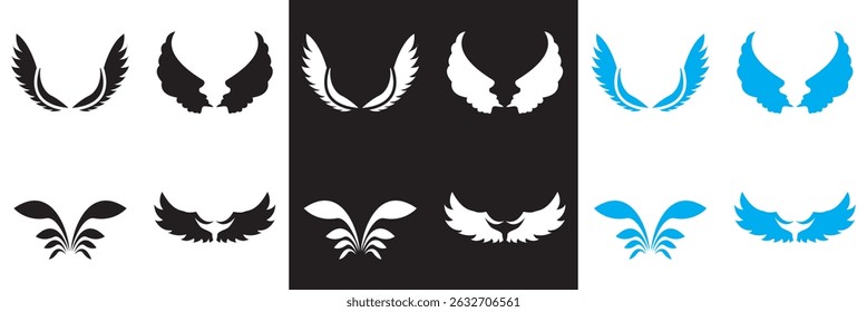 Wing icon .Bird, angel, bat, eagle, and minimalist wing icons for branding, tattoos, logo, emblems, or fantasy design .  Vector illustration. isolated on white and black background. EPS 10