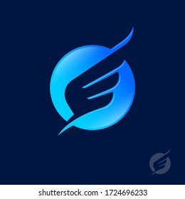 Wing icon. Bird wing into blue circle. Flight or aviation. Lightness or flying logo. Emblem for airlines. 