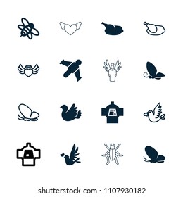 Wing icon. collection of 16 wing filled and outline icons such as butterfly, bee, bird, chicken, hang glider, heart angel wings. editable wing icons for web and mobile.