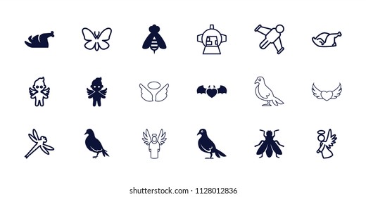 Wing icon. collection of 18 wing filled and outline icons such as dove, fly, devil heart with wings, angel, butterfly, chicken. editable wing icons for web and mobile.