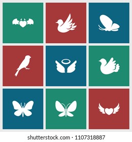 Wing icon. collection of 9 wing filled icons such as butterfly, sparrow, devil heart with wings, bird, wings. editable wing icons for web and mobile.