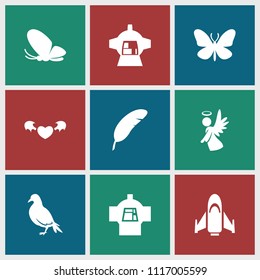 Wing icon. collection of 9 wing filled icons such as dove, butterfly, luggage compartment in airplane, angel, feather, hang glider. editable wing icons for web and mobile.