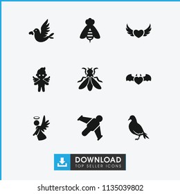 Wing icon. collection of 9 wing filled icons such as dove, devil heart with wings, love bird, angel, hang glider, fly, bee. editable wing icons for web and mobile.