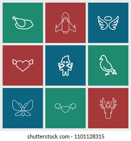 Wing icon. collection of 9 wing outline icons such as dove, wings, heart with wings, angel, chicken, butterfly, hang glider. editable wing icons for web and mobile.