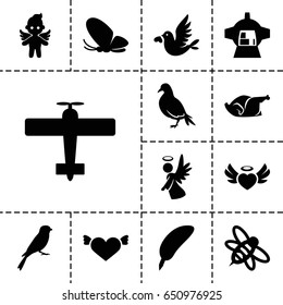 Wing icon. set of 13 filled wingicons such as dove, butterfly, sparrow, heart with wings, chicken, bee, luggage compartment in airplane, heart angel wings, love bird, angel