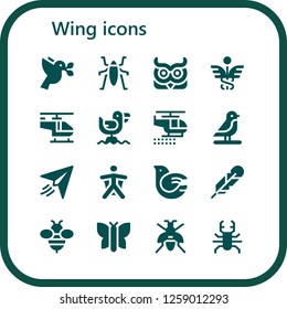  wing icon set. 16 filled wing icons. Simple modern icons about  - Dove, Insect, Owl, Caduceus, Helicopter, Seagull, Bird, Paper plane, Wingsuit, Feather, Bee, Butterfly, Wasp