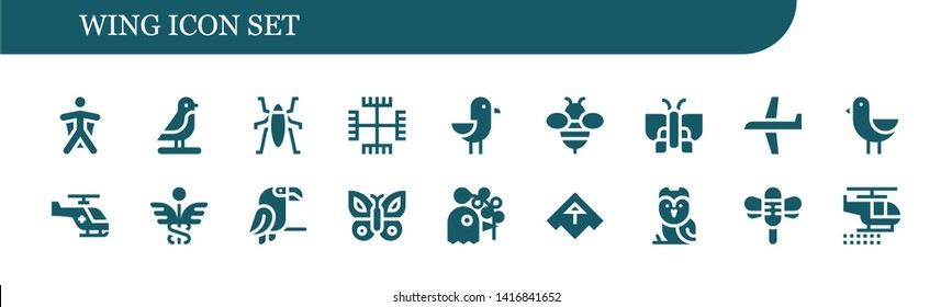 wing icon set. 18 filled wing icons.  Collection Of - Wingsuit, Bird, Insect, Gnosticism, Seagull, Bee, Butterfly, Plane, Helicopter, Caduceus, Parrot, Pigeon, Airplane, Owl, Dragonfly