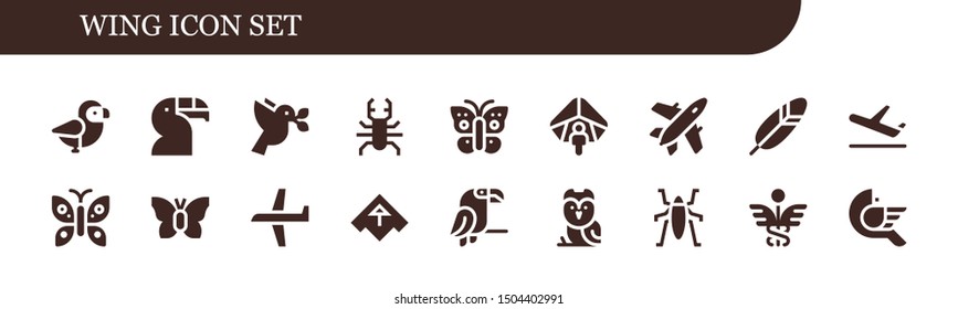 wing icon set. 18 filled wing icons.  Collection Of - Bird, Toucan, Dove, Beetle, Butterfly, Hang gliding, Plane, Feather, Airplane, Parrot, Owl, Insect, Caduceus