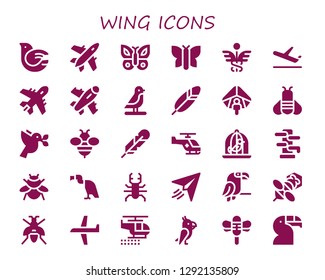  wing icon set. 30 filled wing icons. Simple modern icons about  - Dove, Plane, Butterfly, Caduceus, Bird, Feather, Hang gliding, Bee, Helicopter, Wing chun, Bumblebee, Vulture