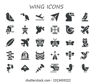 wing icon set. 30 filled wing icons.  Simple modern icons about  - Bird, Vulture, Plane, Paper plane, Toucan, Parrot, Wingsuit, Dove, Gnosticism, Feather, Butterfly, Moth, Owl