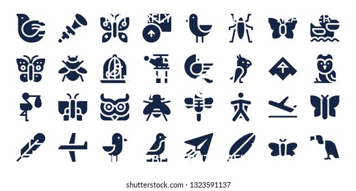 wing icon set. 32 filled wing icons. on blue background style Collection Of - Dove, Butterfly, Stork, Feather, Bpee, Bumblebee, Plane, Owl, Seagull, Sent, Helicopter, Bee, Bird
