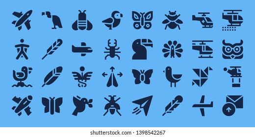 wing icon set. 32 filled wing icons. on blue background style Simple modern icons about  - Plane, Wingsuit, Seagull, Vulture, Feather pen, Feather, Butterfly, Bee, Airplane, Caduceus