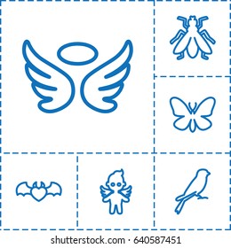 Wing icon. set of 6 wing outline icons such as sparrow, butterfly, fly, wings, devil heart with wings
