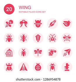 wing icon set. Collection of 20 filled wing icons included Bee, Angel, Devil, Feather, Dove, Beetle, Ant, Aviary, Wasp, Freedom, Insect, Dragonfly, Helicopter, Paper plane, Ladybird