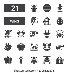 wing icon set. Collection of 21 filled wing icons included Freedom, Helicopter, Beetle, Insect, Butterfly, Roast chicken, Dove, Wasp, Parrot, Ladybird, Toucan, Wing chun, Pad