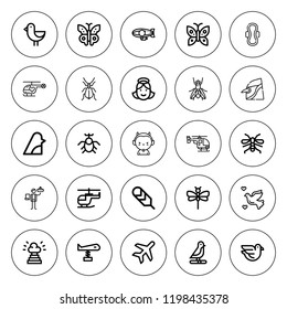 Wing icon set. collection of 25 outline wing icons with angel, beetle, bird, blimp, butterfly, dove, dragonfly, devil, feather, heaven, helicopter, fly icons. editable icons.