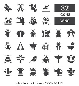 wing icon set. Collection of 32 filled wing icons included Eagle, Helicopter, Beetle, Heaven, Butterfly, Dragon fly, Bird, Dragonfly, Seagull, Cicada, Freedom, Caduceus, Paper plane