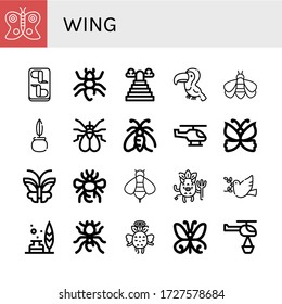 wing icon set. Collection of Butterfly, Chicken wings, Ant, Heaven, Toucan, Bumblebee, Quill, Fly, Moth, Helicopter, Bee, Devil, Dove, Feather, Pheidole, Angel icons