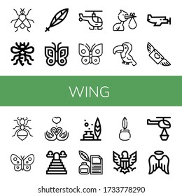 wing icon set. Collection of Fly, Bee, Quill, Butterfly, Helicopter, Stork, Toucan, Small plane, Flying, Ant, Swans, Heaven, Feather, Eagle, Angel icons