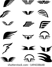 wing icon set. designed in black for logos, labels, emblems, marks, brands.