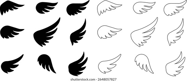 Wing icon set, wing logo designs. Various artistic bird, angel, bat, eagle, and minimalist wing vector collection isolated on transparent for branding, tattoos, emblems, or fantasy design projects.