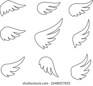 Wing icon set, wing logo designs. Various artistic bird, angel, bat, eagle, and minimalist wing vector collection isolated on transparent for branding, tattoos, emblems, or fantasy design projects.