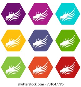 Wing icon set many color hexahedron isolated on white vector illustration