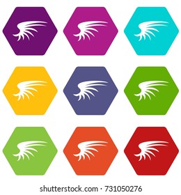 Wing icon set many color hexahedron isolated on white vector illustration