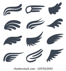 Wing icons. Different shapes of black wings emblems, birds feather heraldic symbol, vintage tattoo element. Angel logo decorative vector flight doodle eagle set