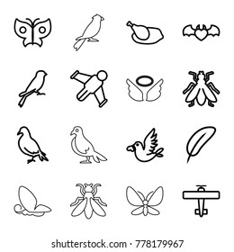 Wing icons. set of 16 editable outline wing icons such as dove, sparrow, fly, feather, hang glider, devil heart with wings, love bird, chicken, butterfly, plane