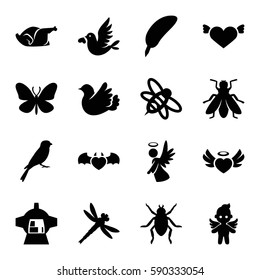 wing icons set. Set of 16 wing filled icons such as beetle, sparrow, butterfly, fly, heart with wings, chicken, bee, luggage compartment in airplane, heart angel wings