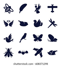 Wing icons set. set of 16 wing filled icons such as butterfly, sparrow, fly, wings, chicken, bee, devil heart with wings, bird, love bird, angel, dragonfly, plane, hang glider