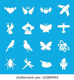 Wing icons set. set of 16 wing filled icons such as dove, beetle, sparrow, butterfly, wings, heart with wings, bee, luggage compartment in airplane, heart angel wings, angel