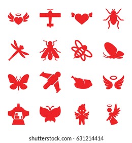 Wing icons set. set of 16 wing filled icons such as beetle, butterfly, fly, wings, heart with wings, bee, luggage compartment in airplane, heart angel wings, angel, chicken