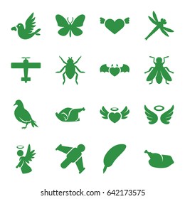 Wing icons set. set of 16 wing filled icons such as dove, beetle, butterfly, fly, wings, heart with wings, chicken, love bird, angel, dragonfly, plane, hang glider