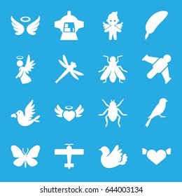 Wing icons set. set of 16 wing filled icons such as beetle, sparrow, butterfly, fly, wings, heart with wings, luggage compartment in airplane, heart angel wings, bird