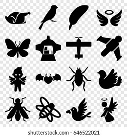 Wing icons set. set of 16 wing filled icons such as beetle, sparrow, butterfly, fly, wings, chicken, bee, luggage compartment in airplane, bird
